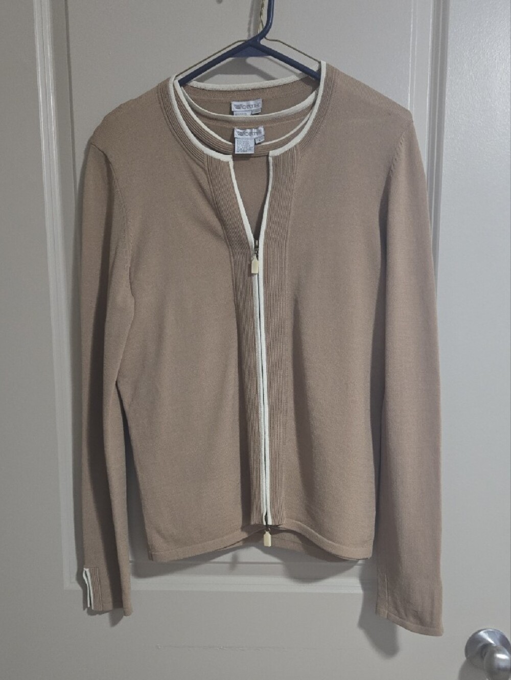 Worth NY 2-Pc Sweater Set Classic Taupe Cream Trim Full-Zip Twinset M & L